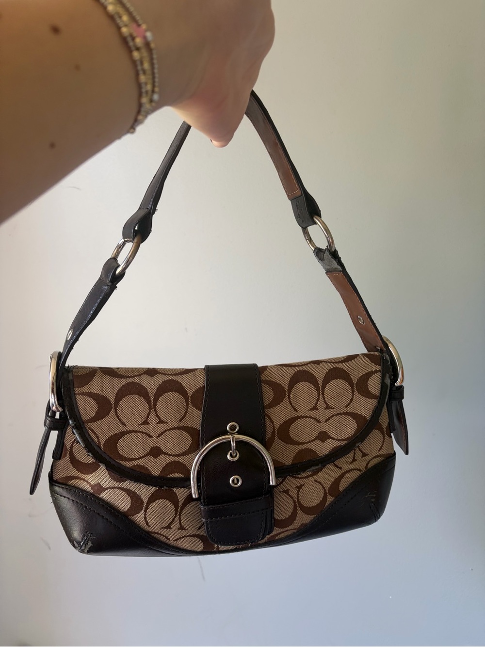 Coach Brown Signature Canvas Shoulder Bag with Dark Brown Leather Trim
